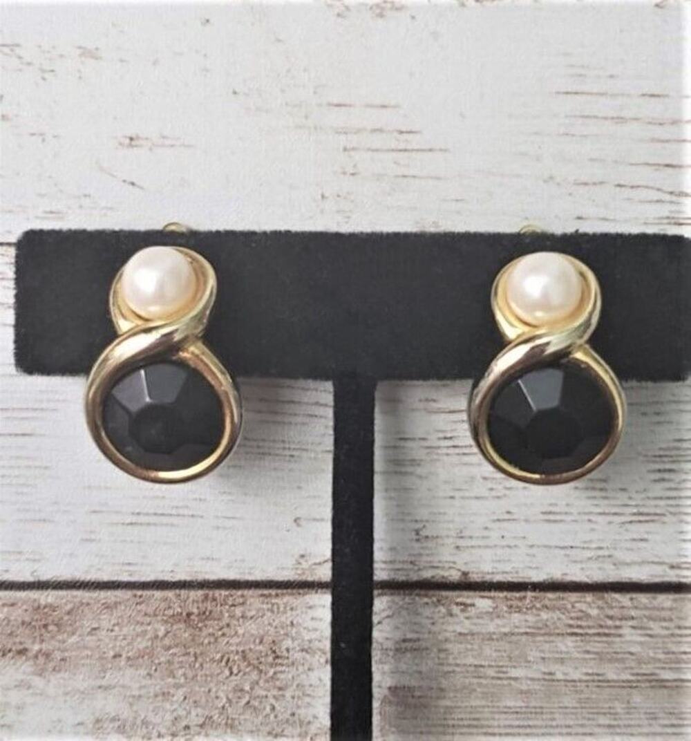 Vintage Clip On Earrings Black Gem, Faux Pearl, Gold Tone, Statement
